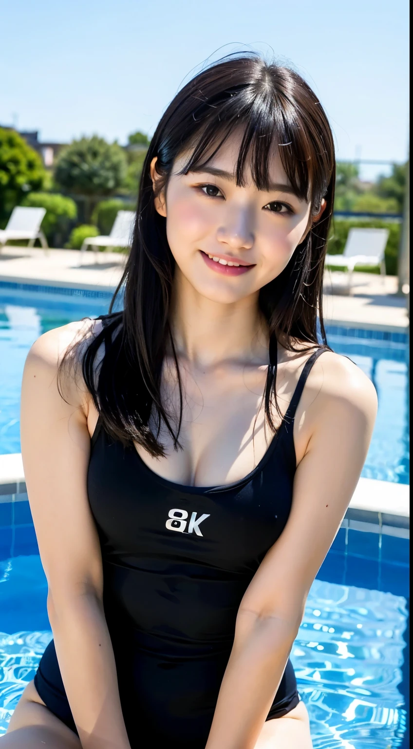 (highest quality, 8K, masterpiece: 1.3), cute girl with perfect figure: 1.4, (20th generation), black hair, (dull bangs:1.2), school swimwear, to the pool, highly detailed face and skin, fine eyes, double eyelid, chest, smile、Water up to the knees、Healthful、full body shot
