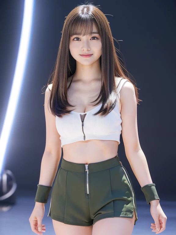 一段上がった広い舞台の上にone womanの子、big breasts、concert venue、singing and dancing、one woman、masterpiece、((extremely realistic、Extremely realistic))((Extreme photo quality、Extremely high image quality、Increase saturation and contrast))((bright smile、smile))、((、beautiful hair、bright hair color、Super Long Straight、moist hair))(drooping eyes、sparkling eyes、stare)(((16 year old girl、small face、Super Baby Face、make、Surreal texture)))(Extremely realistic skin、Extremely fair skin)beautiful armpits、firm chest、超big breasts、Round Breasts、thin waist、constriction、long legs(Detailed US Air Force Pilot Captain Uniform、cleavage、I can see your belly button)、 (Khaki shorts)、(Knee-high boots)((The atmosphere is colorful concert lights,Upper Light、 Create a seductive glow around her))full body shot、Stand and dance sexy