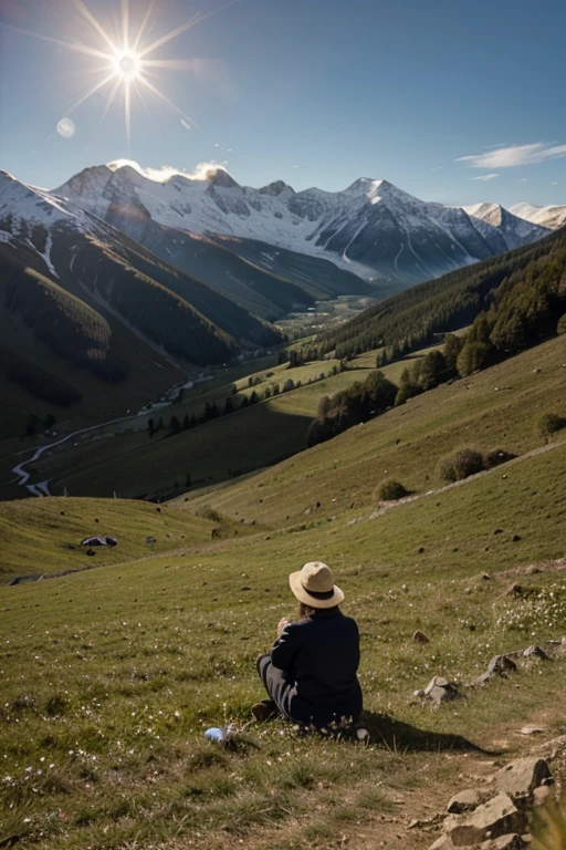 landscape, 50 year old women far away, montain, sun