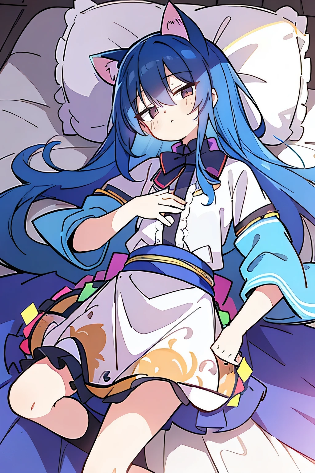 (Masterpiece), best quality, expressive eyes, perfect face, 1girl,
 Put your hands on your waist, fair, gorgeous, Japanese comics, girl, Lola, young angel, blue hair, blue hair, flowing clothes, hug the waist, hug the waist, hands on hips, hands on hips, lay down , lying on the ground, legs on the ground, flat chest, cat ears