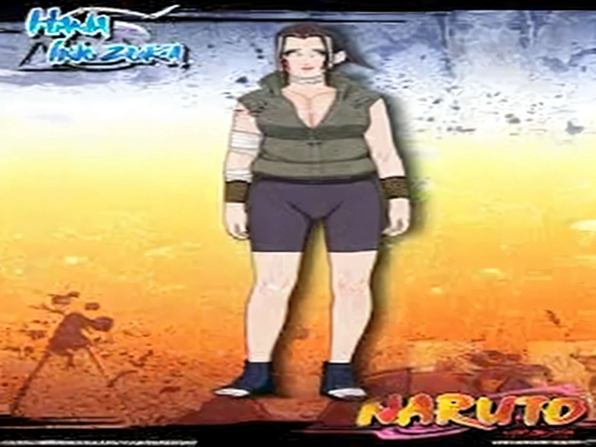 Hana has long brown hair which she wears in a ponytail with two locks of hair framing her face over her large, black eyes. She also wears a light shade of lipstick and has the traditional fang-like tattoos of the Inuzuka clan on both of her cheeks.She wears a brace on her left wrist, bracelets on her right hand as well as bandages. during battle wears a form-fitting variation of the Konoha flak jacket which doesn't have any chest pockets and she keeps the front of her jacket unzipped, exposing her cleavage. She also wears a pair of form-fitting shorts cut just above the knee, bandages just below her tattoo and wrist-warmers.
