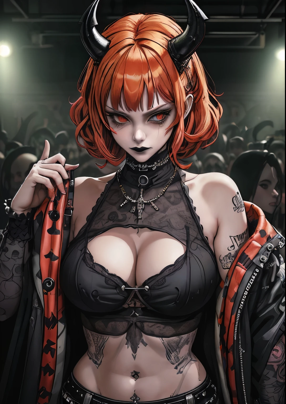 (masterpiece:1.2, best quality), (real picture, intricate details), (1lady, solo, curvy upper body, big ) The clothes are gold ar:avant-garde,avant-garde,Experiment with appearance:curlies,Dramatic makeup,Unconventional fashion choice behavior:rebelliousness、non-conformist、Provocation location:demon eyes,urban art district、Underground music venues Hobbies:Particiwpation in punk shows、creating mixed media art、Try different subcultural values:individuality、Realiy、Creative expression of inspiration:Punk rock music、Counterculture icons,Avant-garde art movement character traits:boldness、boldness、act outside the box。gothic dark vibe