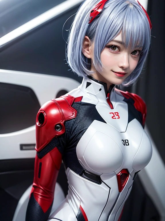 Masterpiece, highest quality, 8K, detailed skin texture, fine cloth texture, beautiful detailed face, intricate details, super detailed, portrait of Rei Ayanami, blue hair, red eyes, looking far away, no background, Evangelion Wearing a plug suit when riding, plug suit, whole body visible, standing, arms crossed, , beautiful, cute, great style, smiling