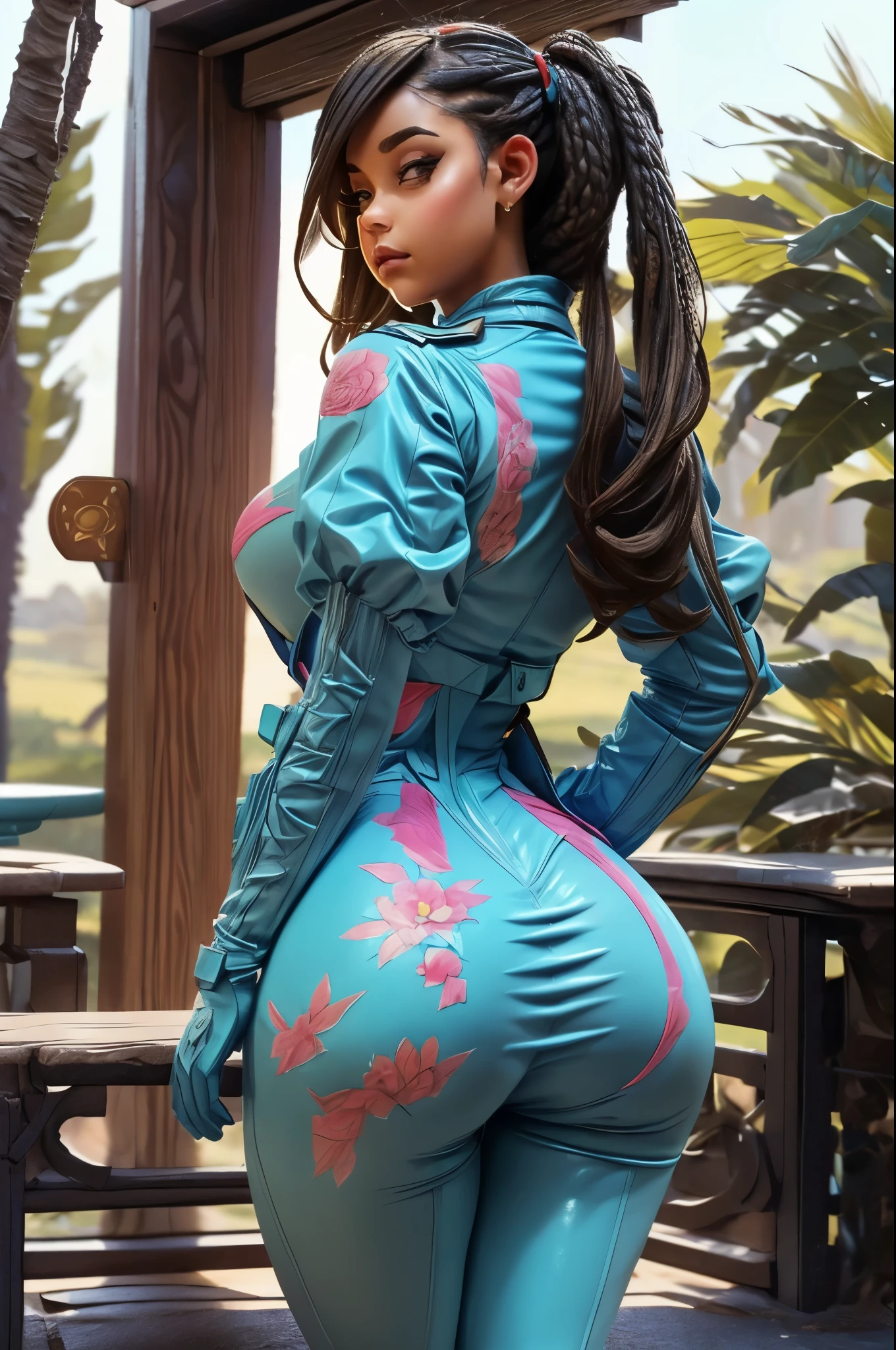 View from behind, huge butt, PAWG, wide hips, slim waist, thick thighs, Patriotic salute, intricate, elegant, highly detailed, digital painting, artstation, concept art, smooth, sharp focus, illustration, add_detail:3
