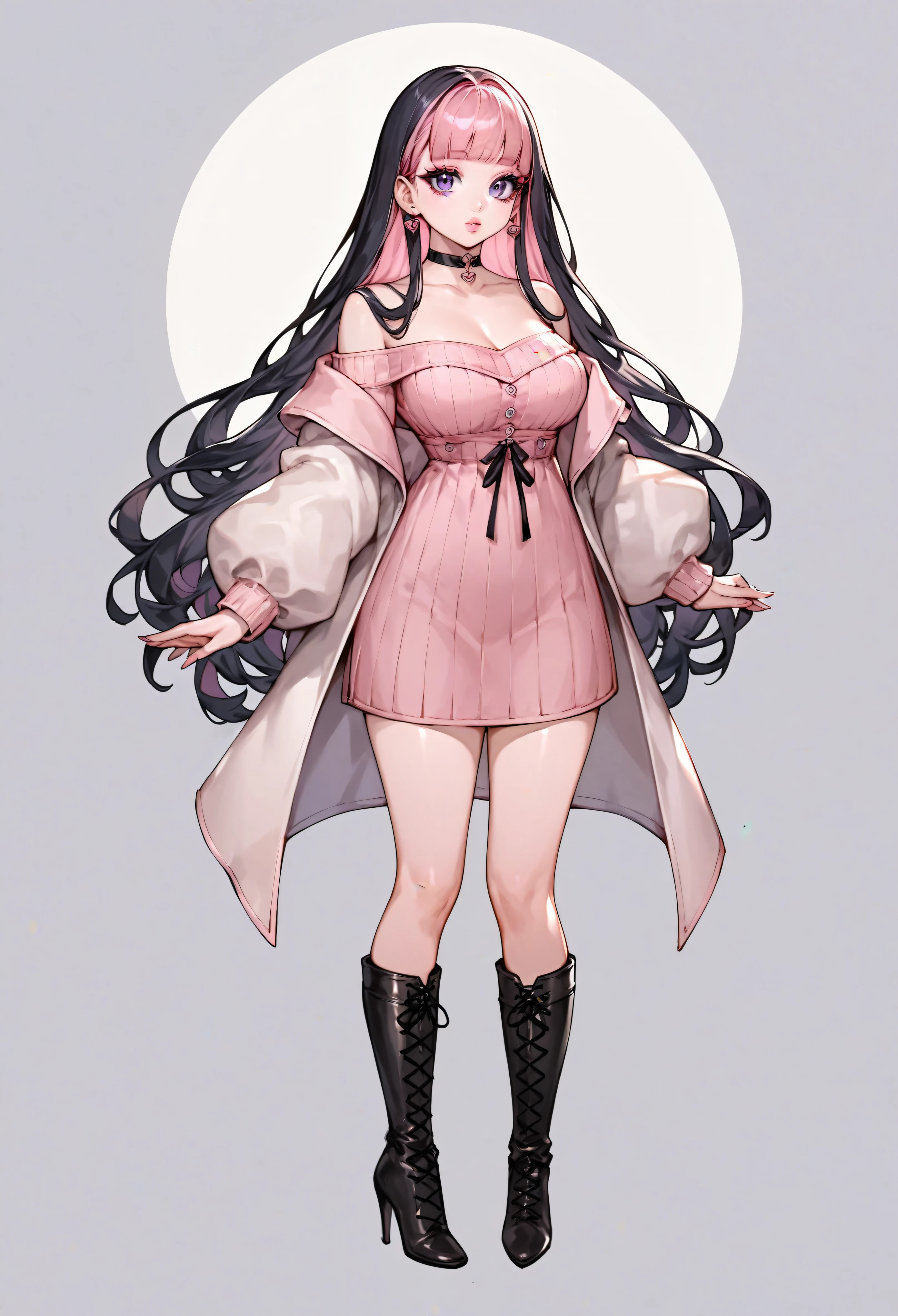 score_9, score_8_up, score_7_up, 1girl, ((full body)), ((curvy)), (((cute face))), long hair, bangs, black pink hair, ((black and pink hair)), ((black hair)), gorgeous purple eyes, big eyes, anime eyes, eyeliner, long lashes, soft and full lips, choker, jewelry, miniskirt, top, knitted, heels, boots, (Jelly Art Style:0.2), ((anime style:0.8))