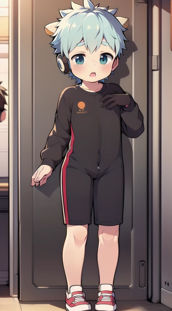 2D boy Shota,One-piece mountaineering suit,horns,cow ears,Put the headphones on your head,stood up,goggles,sports shoes,Slim,moan