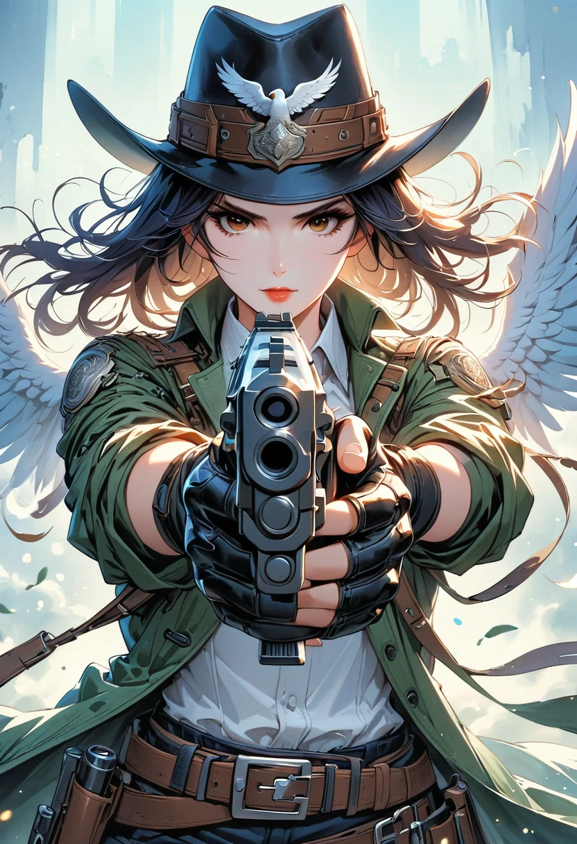 (masterpiece, beat quality, ultra-detailed:1.3), a beautiful angel with a gun, (([aiming her gun at the viewer]:1.4)), foreshortening, , (trenchcoat:1.2), Create an image of an Angelic gunslinger standing proudly, with feathered wings spread wide behind them. She wields two gleaming silver pistols, radiating divine energy. The gunslinger's serene face contrasts with their determined stance, embodying both grace and firepower in equal measure
