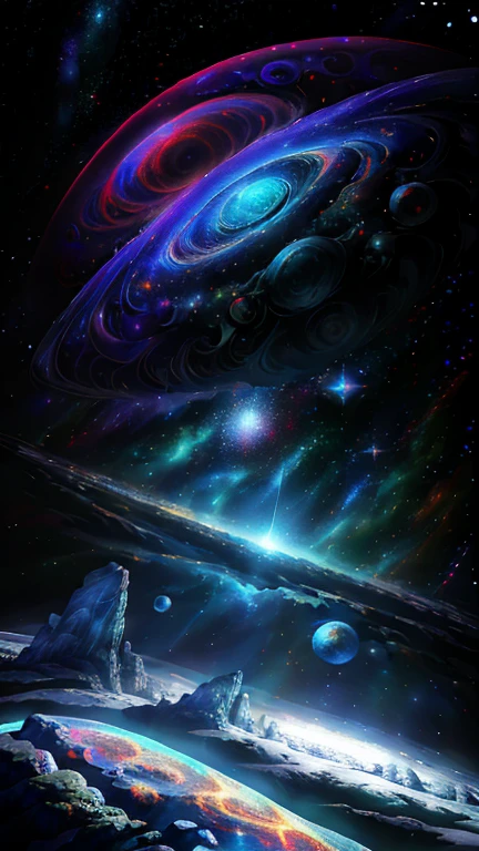 A mesmerizing, extremely detailed CG unity 8k wallpaper of a vast galaxy, twinkling with stars and nebulas, swirling galaxies, intricately textured and complex, award-winning digital artwork, trending on ArtStation and CG Society, dramatic and high contrast, rich colors and vibrant hues, HDR technique employed to capture the breathtaking depth and luminosity, Chromatic Aberration and Bloom effects adding to the visual appeal, celestial bodies floating in space, high detail and intricate design, masterpiece of digital painting, masterpiece: 1.8, best quality, best lighting, stunning depiction of the cosmos.