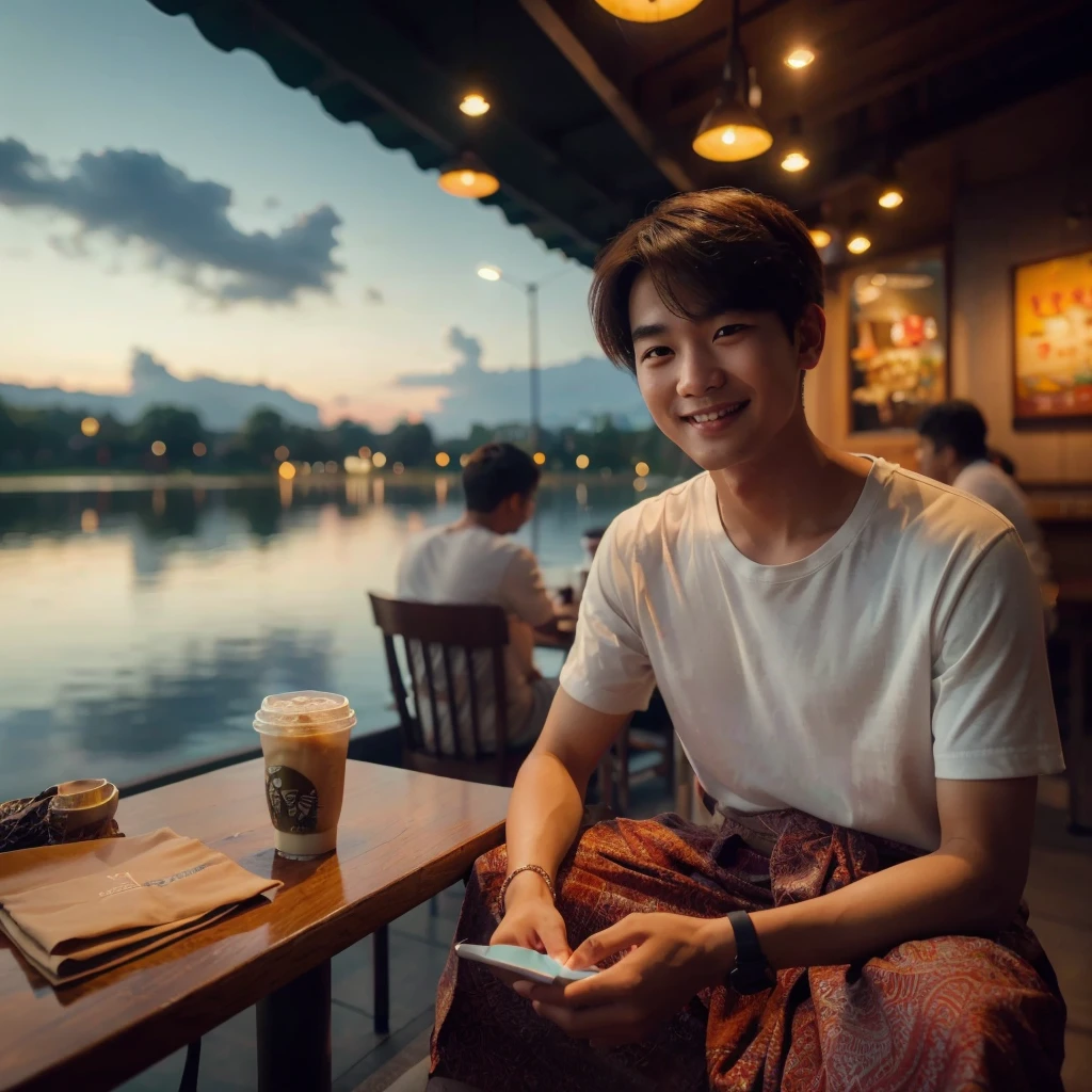 (8k, RAW photo, best quality, masterpiece:1.2), (realistic, photo-realistic:1.37), wide angle landscape, an korean man 15 years old with side part short hair, Wearing White t-shirts. Wearing sarong batik, Sitting in a starbucks coffee shop, Talk to a friend on the side, Coffee on the table, bokeh background with Many people sat at the table, lake with twilight reflections, View the camera, hyperrealism, Smiling, tapered cheeks,