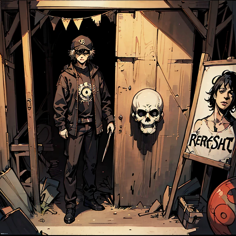 ((Hero of Justice))、((ruins)), ((punk band poster)),cartoon style, Horror elements, Comic book style illustrations, (drawing style), (Spooky),Picture of a man holding scissors, character wearing a hat, Creepy explorer sketch,, circus, crazy illustration, flat illustration、small eyes
