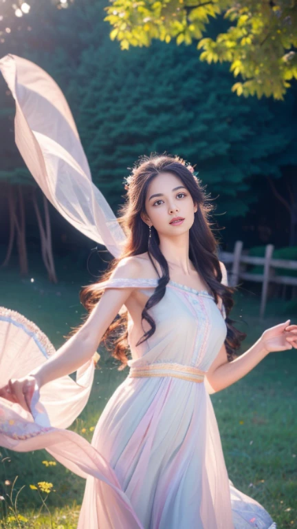 (best quality,4k,8k,highres,masterpiece:1.2),ultra-detailed,(realistic,photorealistic,photo-realistic:1.37),Gypsy dress,small breasts,beautiful detailed eyes,beautiful detailed lips,extremely detailed eyes and face,long eyelashes,wavy hair flowing,undulating curves,subtle makeup,luminous skin,slender figure,graceful posture,colorful floral background,colorful ribbons,ethereal atmosphere,gentle sunlight,playful expression,elegant movements,romantic ambiance,soft breeze,harmonious composition,elegantly dangling earrings,vibrant colors,pastel palette,delicate ornaments,bokeh lighting