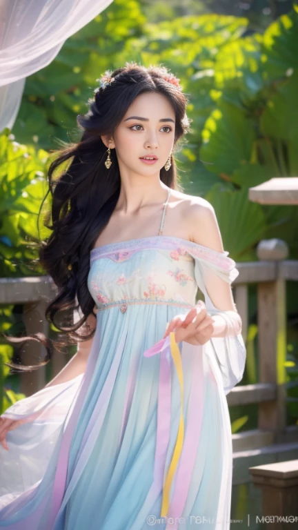 (best quality,4k,8k,highres,masterpiece:1.2),ultra-detailed,(realistic,photorealistic,photo-realistic:1.37),Gypsy dress,small breasts,beautiful detailed eyes,beautiful detailed lips,extremely detailed eyes and face,long eyelashes,wavy hair flowing,undulating curves,subtle makeup,luminous skin,slender figure,graceful posture,colorful floral background,colorful ribbons,ethereal atmosphere,gentle sunlight,playful expression,elegant movements,romantic ambiance,soft breeze,harmonious composition,elegantly dangling earrings,vibrant colors,pastel palette,delicate ornaments,bokeh lighting