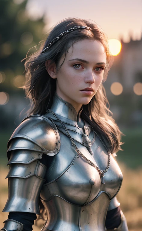 (masterpiece), (very complicated:1.3), (realistic), girl portrait, the most beautiful in the world, (medieval armor), metal reflection, Upper body, outdoor, intense sunlight, distant castle, Stunning female professional photo details, sharp focus, dramatic, Award history, cinematic lighting, Octane Rendering Unreal Engine, volumetrics dtx, (film grain, blurred background, blurred foreground, Bokeh, Depth of the bounds written, sunset, motion blur:1.3), chain mail