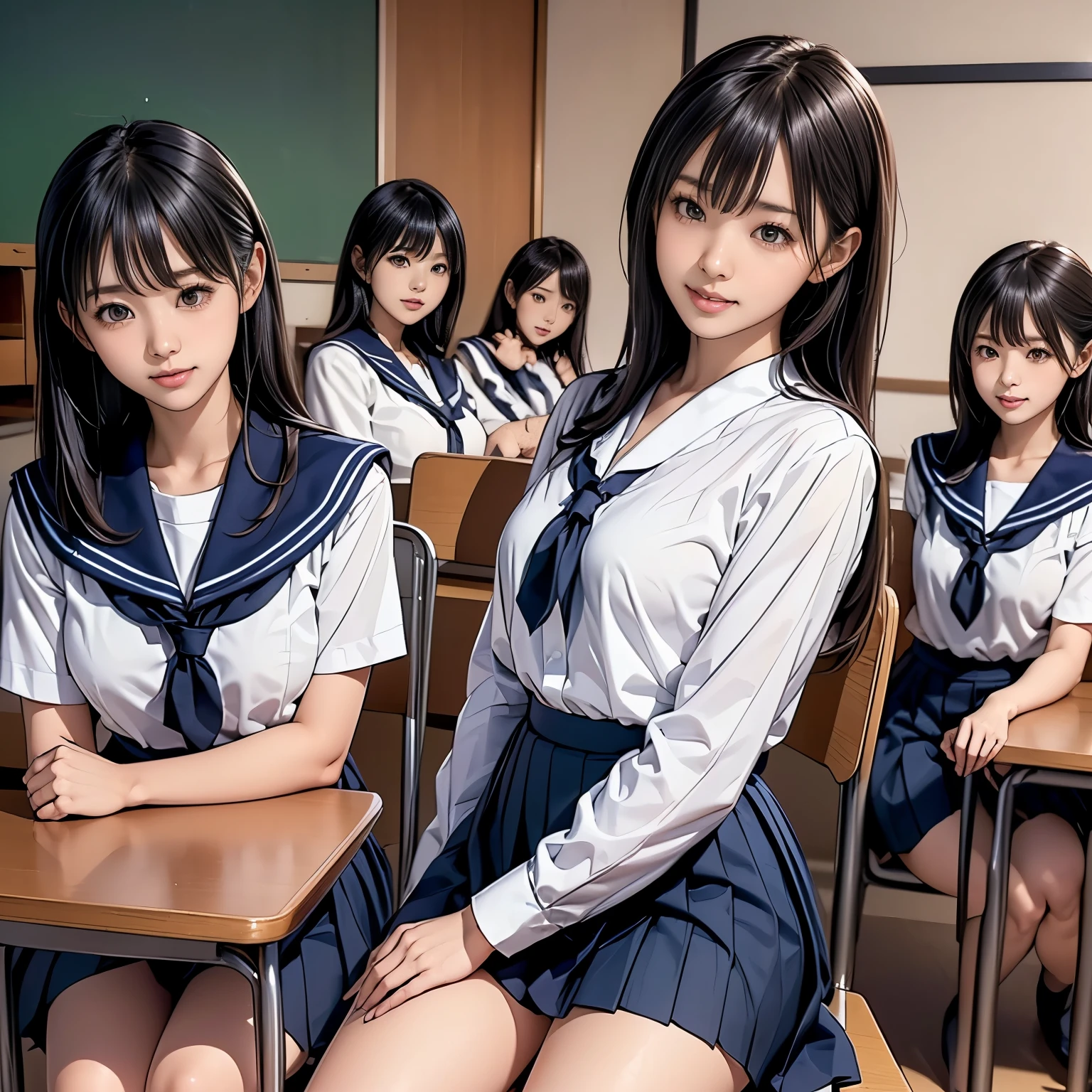 (masterpiece, highest quality:1.2), NSFW, ((4 Japanese women:1.4)) ,************、 Idol style, ((white shirt, crew , navy pleated skirt:1.2)) ,((sit on a chair)), black hair, beautiful nipples、small and beautiful breasts, (school classroom), smile, 8K,(Variety of faces and hairstyles:1.3)、super realistic images,　