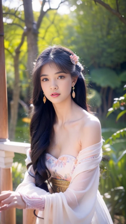 (best quality,4k,8k,highres,masterpiece:1.2),ultra-detailed,(realistic,photorealistic,photo-realistic:1.37),Gypsy dress,small breasts,beautiful detailed eyes,beautiful detailed lips,extremely detailed eyes and face,long eyelashes,wavy hair flowing,undulating curves,subtle makeup,luminous skin,slender figure,graceful posture,colorful floral background,colorful ribbons,ethereal atmosphere,gentle sunlight,playful expression,elegant movements,romantic ambiance,soft breeze,harmonious composition,elegantly dangling earrings,vibrant colors,pastel palette,delicate ornaments,bokeh lighting