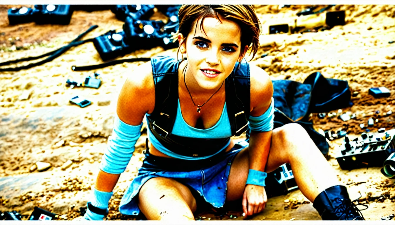 A young female survivor ((Emma Watson)) laying on the ground in an apocalyptic wasteland facing the viewer, short hair, undercut haircut, heavy tanlines, full lips, slightly smiling, stupsige Nase, bright blue eyes, thin eyebrows, tiny breasts, spread legs, smiling, worn and torn black leather vest, ripped short cutoff leather skirt, very short light blue socks, she wears no bra or shirt, several old electronics parts laying and standing around