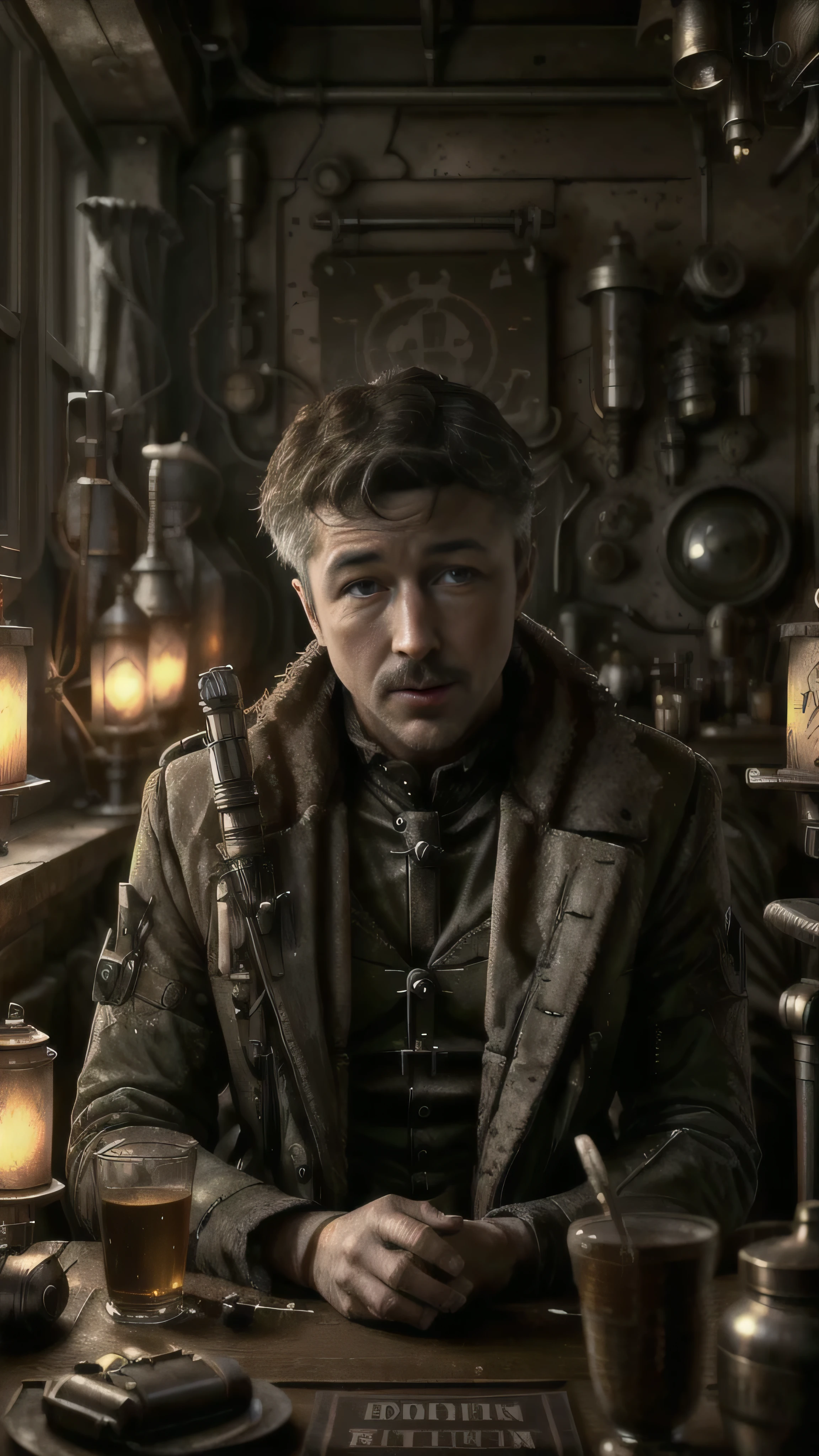 dieselpunkai, ((Aidan Gillen)) as Petyr Baelish, dieselpunk pimp, sitting in front of dieselpunk table, in a dieselpunk bedroom, dieselpunk brothel, 1man, solo, beautiful detailed glow, detailed, cinematic light, intricate detail, realistic, highres, detailed facial features, high detail, sharp focus, smooth, aesthetic, extremely detailed, stamp, octane render