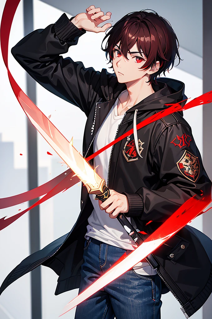 Handsome guy、male、red eyes、holding a sword、In the middle of a modern downtown area、The sword is stained red and black.、brown short hair、black jacket、white hoodie、Black wide denim、positive、