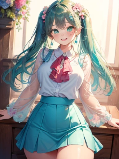 小さなgirl、The arrival of spring、thick thighs、thick thighs、 big ass、(alone:1.5,)Super detailed,bright colors, very beautiful detailed anime face and eyes, look straight, ;d, shiny_skin,girl, ((rainbow colored hair、long hair)) 、forehead is exposed.、green eyes、、shiny hair, delicate beautiful face, blush、(turquoise eyes), White skin, Valletta, earrings,、blue flower field、(((Floral pink、sexy、blouse、Blue tight skirt)))、twin tails、smile、happy face、face dyed red