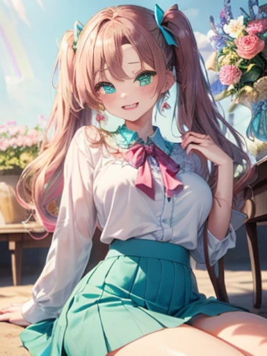 小さなgirl、The arrival of spring、thick thighs、thick thighs、 big ass、(alone:1.5,)Super detailed,bright colors, very beautiful detailed anime face and eyes, look straight, ;d, shiny_skin,girl, ((rainbow colored hair、long hair)) 、forehead is exposed.、green eyes、、shiny hair, delicate beautiful face, blush、(turquoise eyes), White skin, Valletta, earrings,、blue flower field、(((Floral pink、sexy、blouse、Blue tight skirt)))、twin tails、smile、happy face、face dyed red