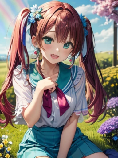 小さなgirl、The arrival of spring、thick thighs、thick thighs、 big ass、(alone:1.5,)Super detailed,bright colors, very beautiful detailed anime face and eyes, look straight, ;d, shiny_skin,girl, ((rainbow colored hair、long hair）） 、forehead is exposed.、green eyes、、shiny hair, delicate beautiful face, blush、(turquoise eyes), White skin, Valletta, earrings,、blue flower field、(((Floral pink、sexy、blouse、Blue tight skirt)))、twin tails、smile、happy face、face dyed red