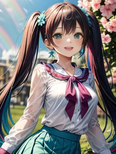 小さなgirl、The arrival of spring、thick thighs、thick thighs、 big ass、(alone:1.5,)Super detailed,bright colors, very beautiful detailed anime face and eyes, look straight, ;d, shiny_skin,girl, ((rainbow colored hair、long hair）） 、forehead is exposed.、green eyes、、shiny hair, delicate beautiful face, blush、(turquoise eyes), White skin, Valletta, earrings,、blue flower field、(((Floral pink、sexy、blouse、Blue tight skirt)))、twin tails、smile、happy face、face dyed red