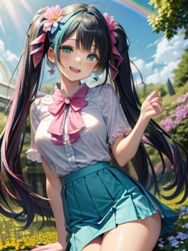 小さなgirl、The arrival of spring、thick thighs、thick thighs、 big ass、(alone:1.5,)Super detailed,bright colors, very beautiful detailed anime face and eyes, look straight, ;d, shiny_skin,girl, ((rainbow colored hair、long hair）） 、forehead is exposed.、green eyes、、shiny hair, delicate beautiful face, blush、(turquoise eyes), White skin, Valletta, earrings,、blue flower field、(((Floral pink、sexy、blouse、Blue tight skirt)))、twin tails、smile、happy face、face dyed red