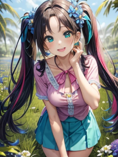 小さなgirl、The arrival of spring、thick thighs、thick thighs、 big ass、(alone:1.5,)Super detailed,bright colors, very beautiful detailed anime face and eyes, look straight, ;d, shiny_skin,girl, ((rainbow colored hair、long hair)) 、forehead is exposed.、green eyes、、shiny hair, delicate beautiful face, blush、(turquoise eyes), White skin, Valletta, earrings,、blue flower field、(((Floral pink、sexy、blouse、Blue tight skirt)))、twin tails、smile、happy face、face dyed red