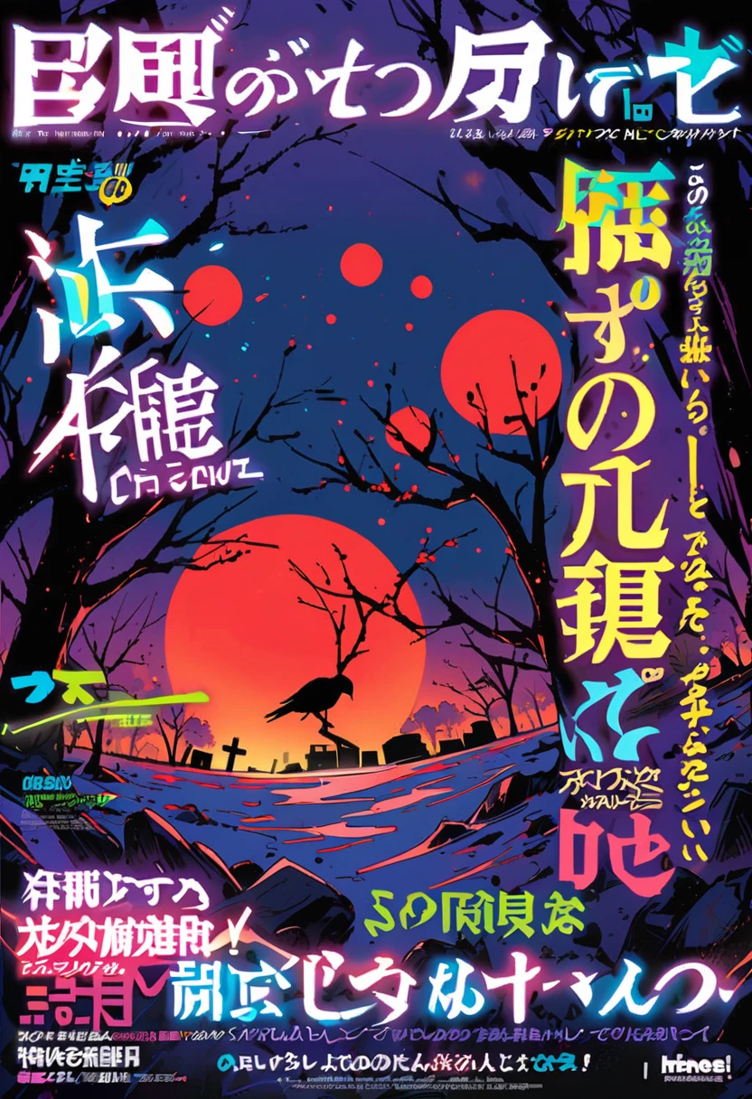 magazine cover，at night,in the cemetery,A red-eyed crow perched on a tombstone，Surrounded by dead trees,The sky is purple，A strange green light emanates from above the red moon，Tombstone in liquid,close up（8K）