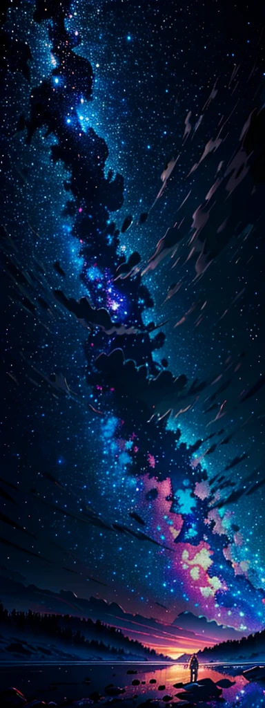 (best quality,4k,8k,highres,masterpiece:1.2),ultra-detailed,(realistic,photorealistic,photo-realistic:1.37),magic everywhere, epic scene, digital art, ultra starry, ultra glitter, end sunset, wide angle, neon highlights, chiaroscuro, deep velvet black background