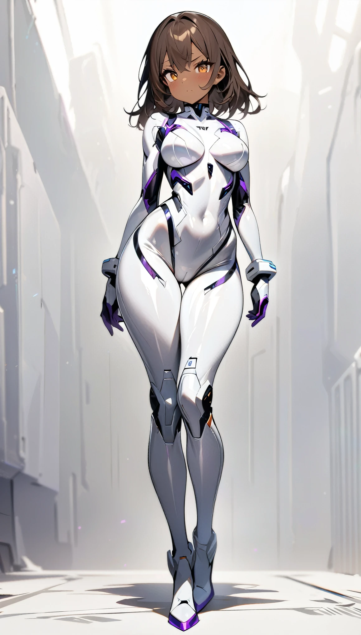 (((masterpiece:1.5))), full body image, anime android robot girl, 1girl, shiny, skintight latex ((white)) sci-fi bodysuit with purple accents, dark brown hair, tan skin, amber eyes, neutral expression, plain white background