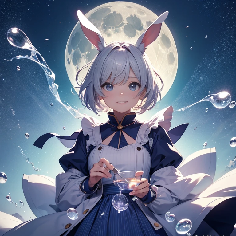 3D illustration、clear eyes、Strong heart、official art, unそれy 8k wallpaper, Super detailed, beautiful and aesthetic, high qualそれy, beautiful, masterpiece, highest quality,girl、Rimsoreed Palette, short hair,  Blow bubbles all around、smile、Putting rabbit ears on the head、A large full moon glows in the background