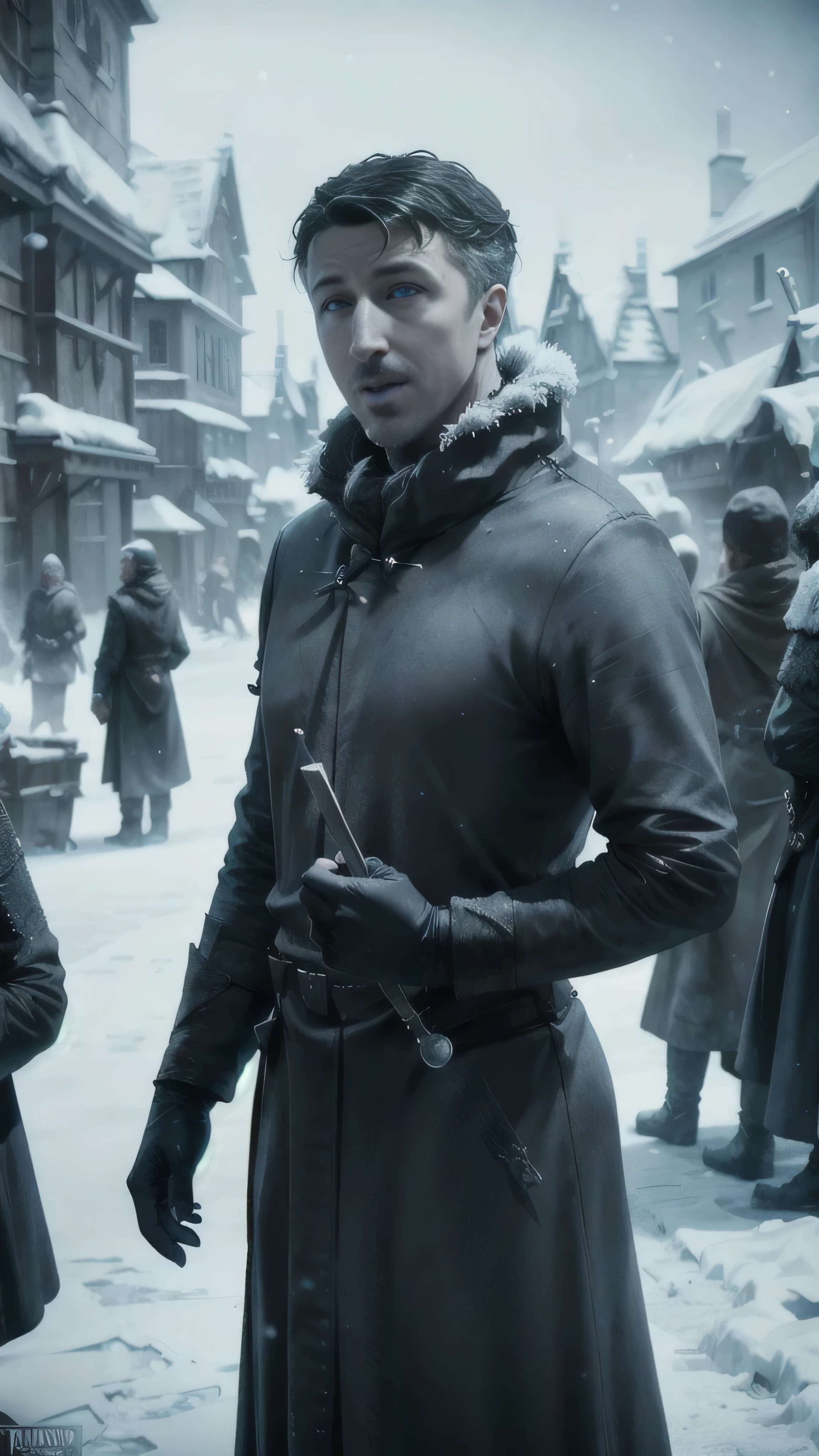 frostpunk, ((Aidan Gillen)) as Petyr Baelish, frostpunk pimp, standing near a frostpunk brothel, winter, snow, 1man, solo, beautiful detailed glow, detailed, cinematic light, intricate detail, realistic, highres, detailed facial features, high detail, sharp focus, smooth, aesthetic, extremely detailed, stamp, octane render