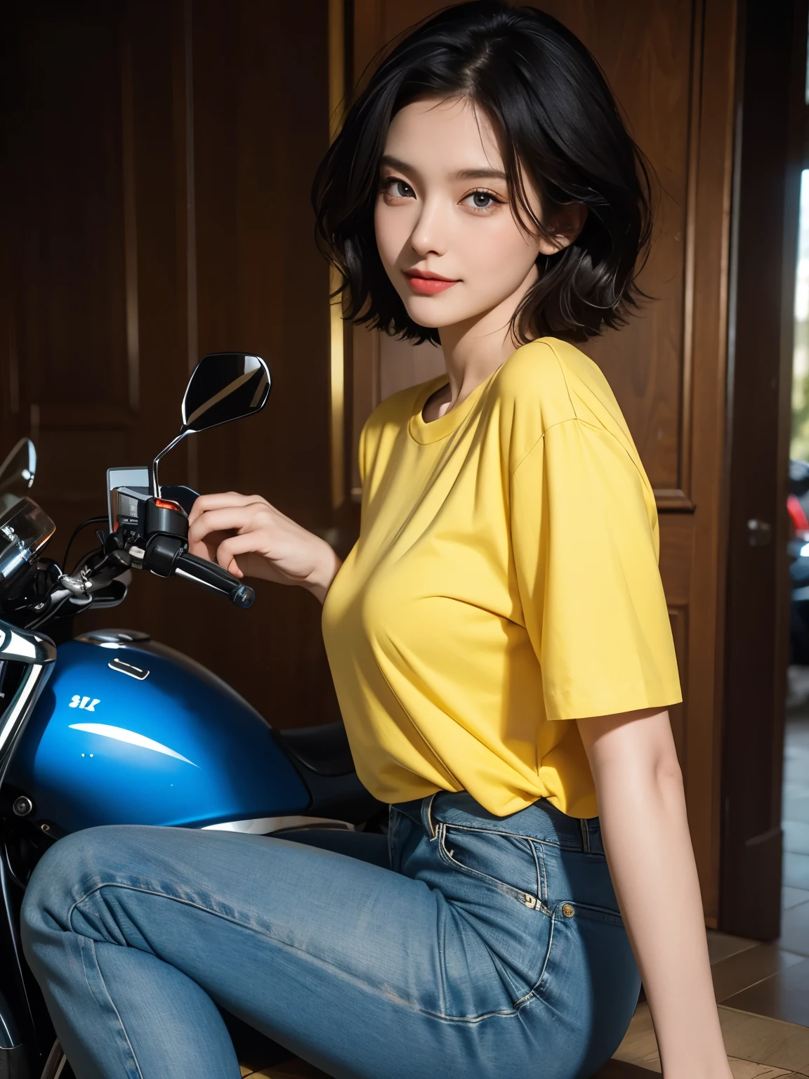 (masterpiece:1.3), (8K, realistic, Raw photo, highest quality:1.4), (realistic face), (black hair, short hair:1.3), beautiful hairstyle, realistic eyes, Detailed and beautiful blue eyes, (realistic skin), (beautiful skin), (((Straddling a motorcycle))), Charm, ultra high resolution, surreal, golden ratio, ((smile)), ((full body shot)), (((Orange short-sleeved shirt)))、(Jeans and basketball shoes)