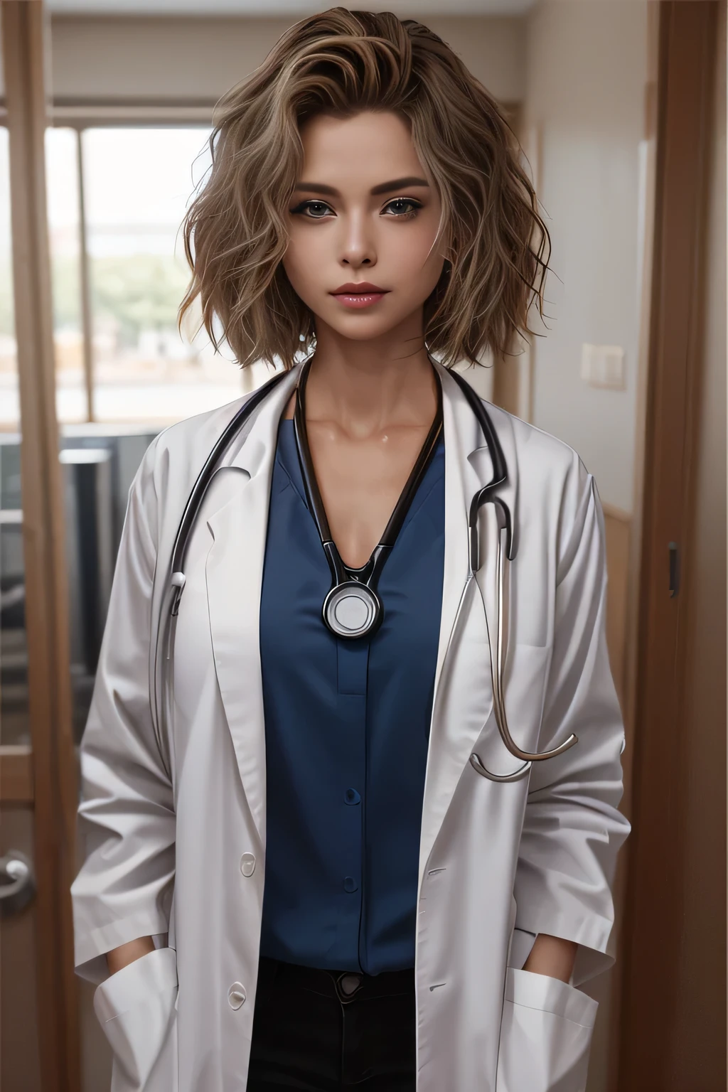 Photorealistic beautiful doctor、stunningly beautiful、doctors white coat, Doctor Fashion、(top-quality、8K、32K、​masterpiece、nffsw:1.3)、超A high resolution,(Photorealsitic:1.4),Raw photography, Detailed face,,Beautiful short hair, ((Doctor Style)), , tight skirts、 Natural makeup, Breast cleavage, medium full breasted、inside hospital, Detailed background, Perfect Lighting, depth of fields, Beautiful shadow gradient,stethoscope , (((fullllbody))), Full body capture, fullllbody, Legs wide open, Open legs, Black pubic hair, look to the camera, Eye for detail, Beautiful eyes,