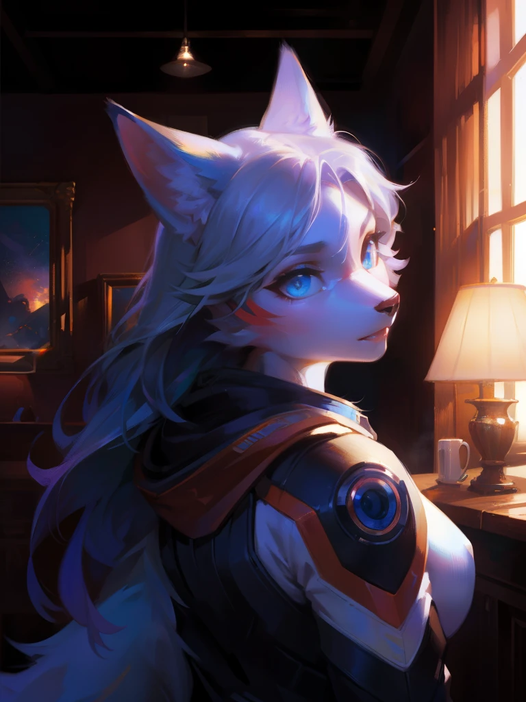 furry, girl fox, masterpiece, Best quality at best, (Just focus), (It's a perfect face:1.1), (high detal:1.1), (Ultra-detailed eyes), 25 year old beautiful astronaut 1950 , dark strong blue eye, white clotheetallic red details, Cinematic, photo shot, Semi-backlit, The light from the back window is backlighted, dramatic lights , Incandescent Lamps, gentlesoftlighting, Extremely detailed and complex, hyper-maximalist, Art is not Gurwitz&#39;s style, posing elegantly, dynamic, photography of, Volumetric , ultra - detailed, Complicated details, Super detailed Obra-Prima de guweiz, Future environment, eye focus, face focus, shimmering eyes

