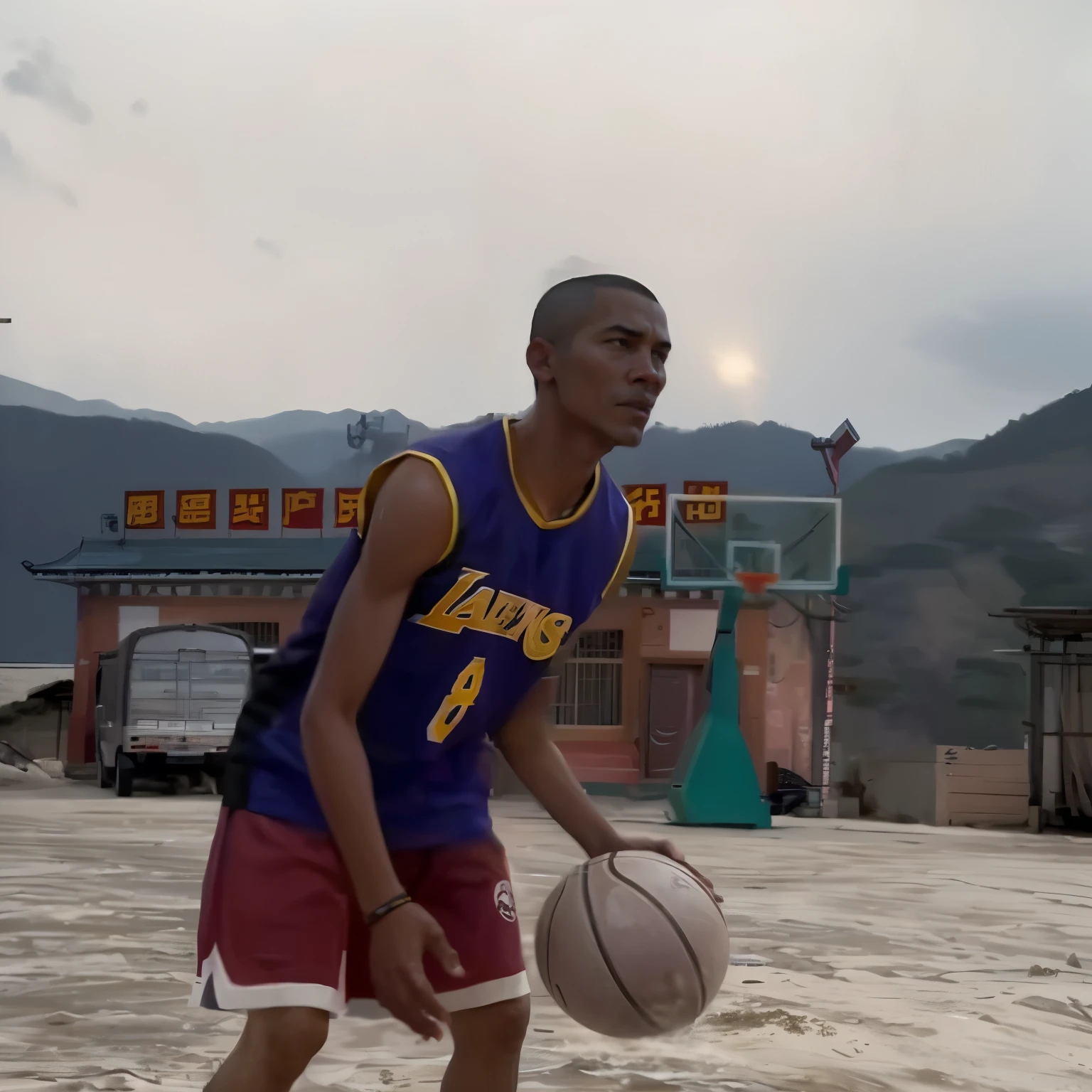 there is a man that is playing basketball in the sand, playing basketball, nba 2 k 2 1, nanquan, in-game footage, in - game footage, youtube video screenshot, trending dribble, inspired by Zou Yigui, shot from danis villeneuve movie, gta chinatowon art style, barack obama in gta v