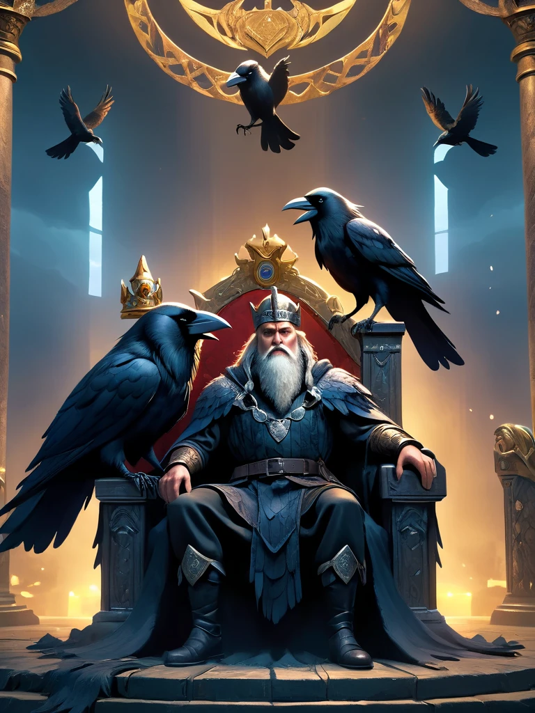 norse mythology, Odin, King of the Gods, sit on the throne, Two crows perched on either side of him, Raven Focus, Dark moody Nordic style vibe, Super detailed, dramatic lighting, Dark fantasy, muted color palette, atmosphere, light and dark, Movie, high resolution, best quality, masterpiece, 8k