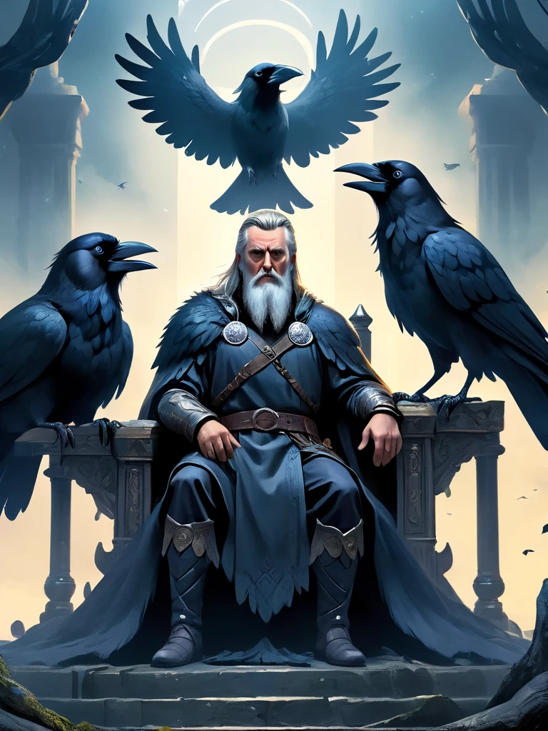 norse mythology, Odin, King of the Gods, sit on the throne, Two crows perched on either side of him, Raven Focus, Dark moody Nordic style vibe, Super detailed, dramatic lighting, Dark fantasy, muted color palette, atmosphere, light and dark, Movie, high resolution, best quality, masterpiece, 8k