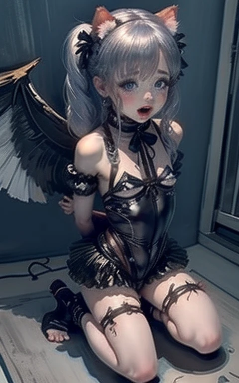 masterpiece,1girl,solo,cat ears,twintails, hair over one eye, demon_wings,small breasts, blue_eyes, blush,open mouth, low wings, torn legwear, (kneeling:1.3),bound arms, ((bondage)),shibari,rope,(arms behind back:1.4),indoors,