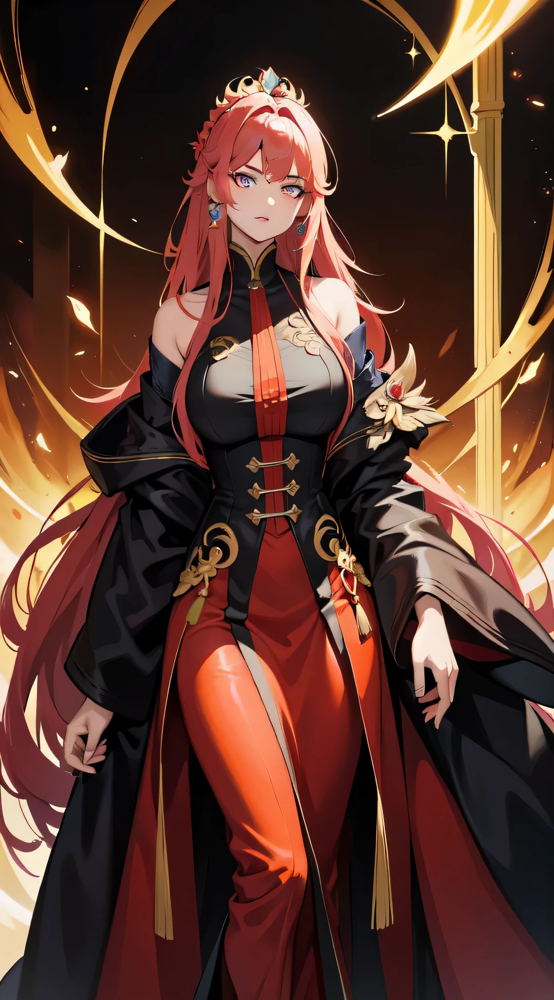 high resolution,Super detailed,Beautiful and detailed eyes and face,red eyes,Beautiful and delicate lips,long eyelashes,blond hair,Physically based rendering,illustration,Junko,Oriental Project,beautiful breasts, bright colors,Luminous lighting