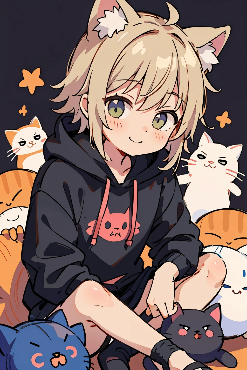 Cat Ear Man、With a smile、black hoodie、cute、