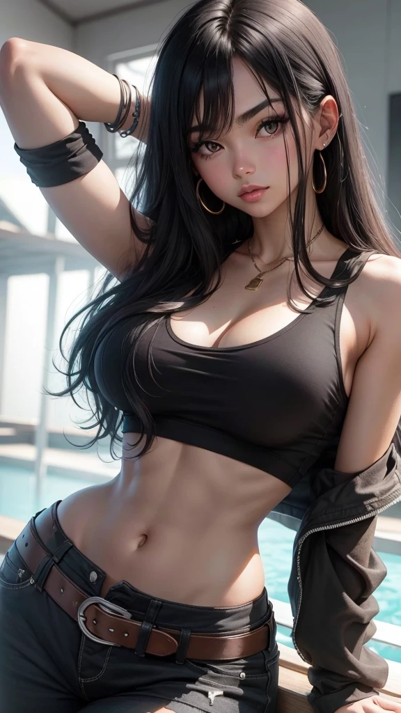 Beautiful girl , black hair, tank top, slim fit body