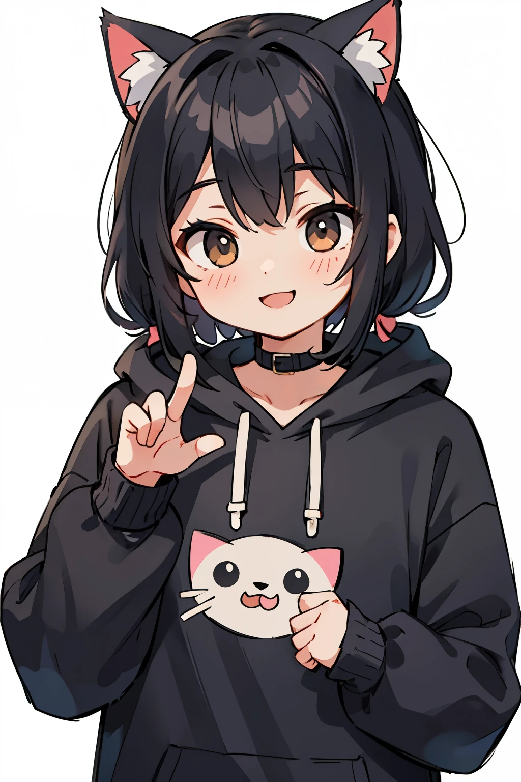 Cat Ear Man、of black hair、With a smile、black hoodie、cute、