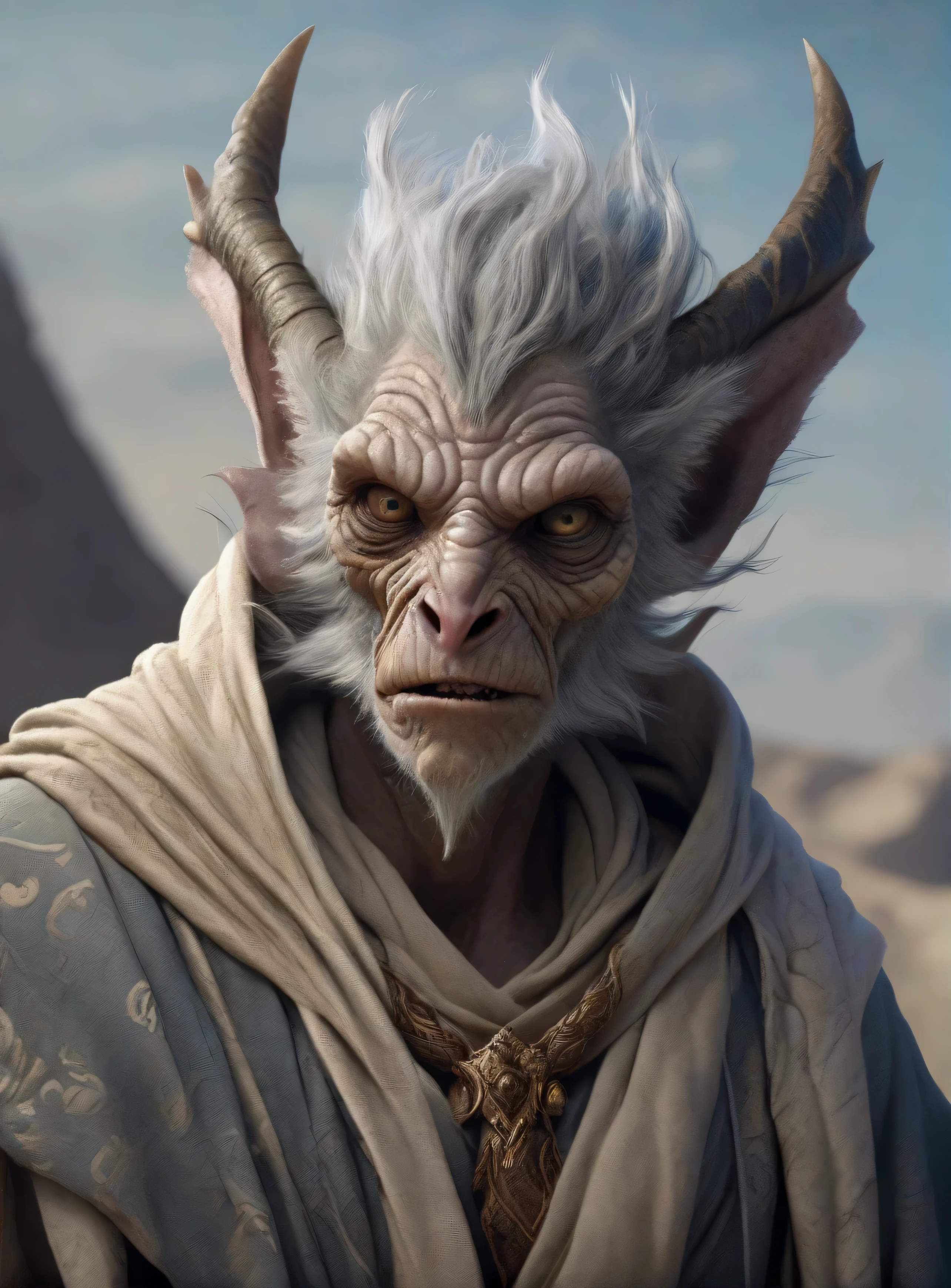 Cinematic close-up, strong posture, intimidating expression, A fantastical creature that combines the best qualities of humans, animal, and mythological features, wearing shabby robes, Worn Mage Costume, A ragged scarf flutters around my neck,