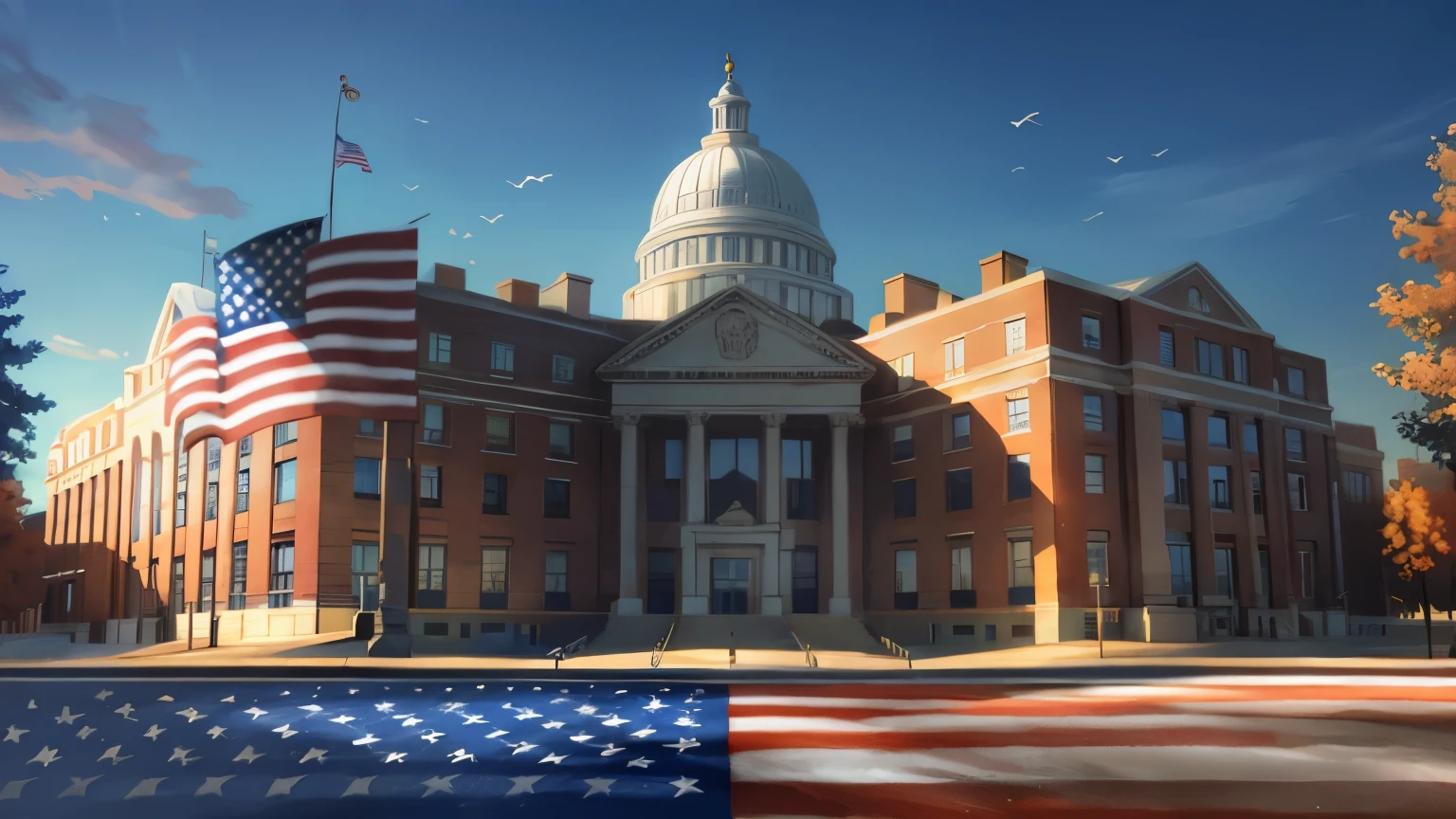 American flag in the distance,Teaching building,beautiful,lifelike