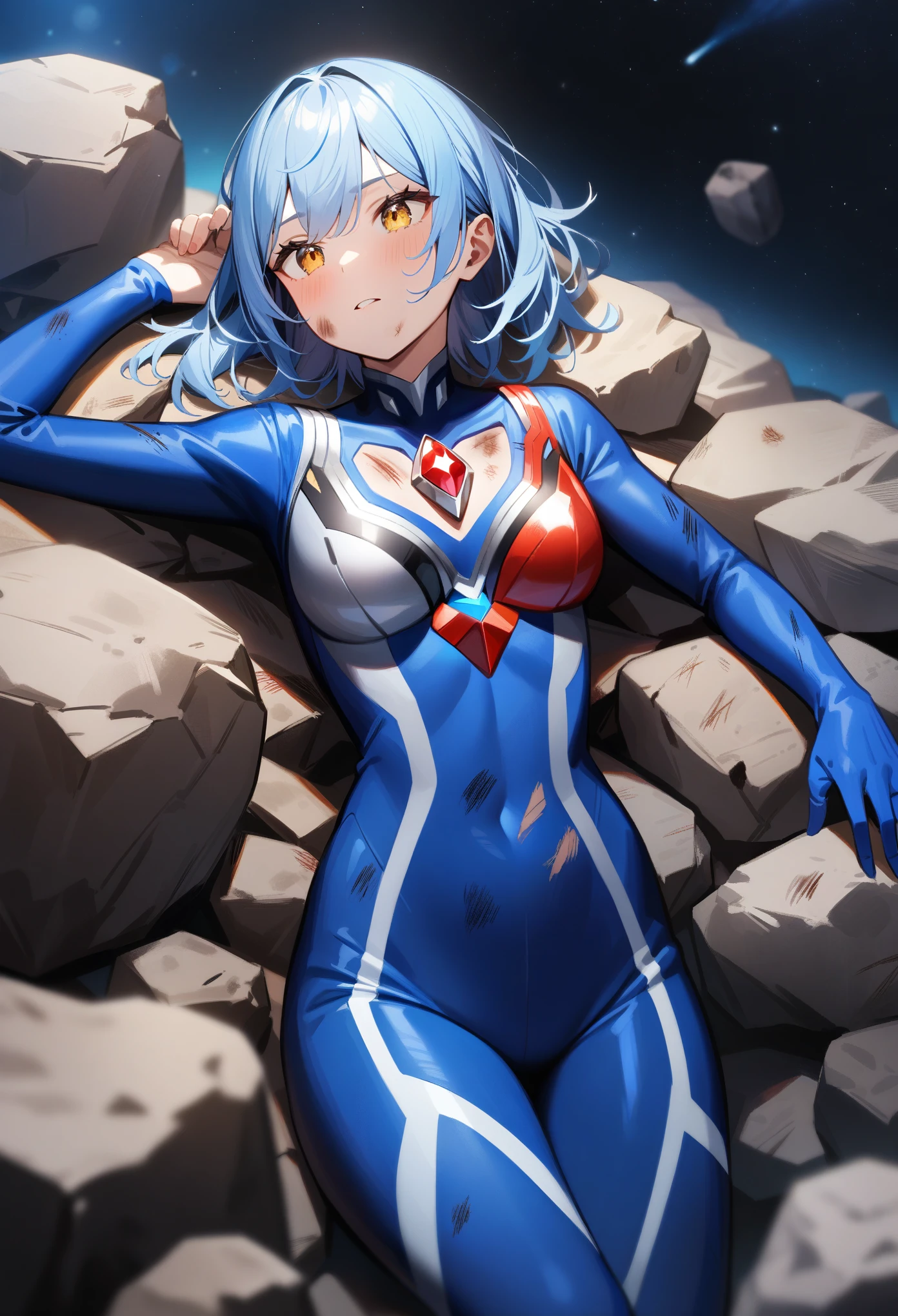 1girl,solo,((red gem on chest)), ((blue bodysuit)),(blue female ultraman),blue hair, yellow eyes,lying rock,space,scratches,battle damaged,ultra-detailed,sharp focus,aesthetic,(best quality)