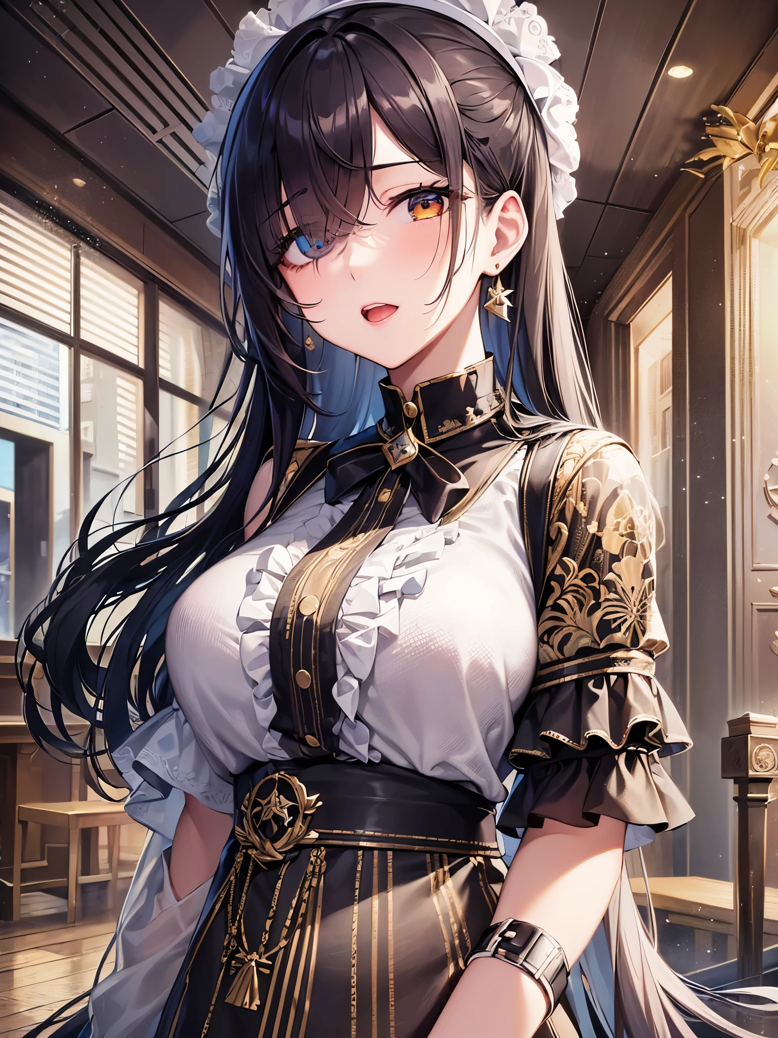 masterpiece、high quality、High resolution、Detailed drawn、Cinema lighting、(One beautiful girl)、(Black Hair、Long Hair、Bangedium chest、Seductive lips、smile、Victorian Blouse、Gorgeous embroidery、Look at me