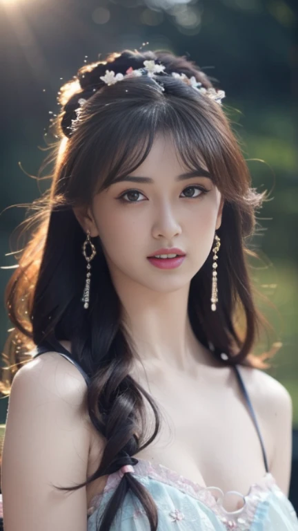 (best quality,4k,8k,highres,masterpiece:1.2),ultra-detailed,(realistic,photorealistic,photo-realistic:1.37),Gypsy dress,small breasts,beautiful detailed eyes,beautiful detailed lips,extremely detailed eyes and face,long eyelashes,wavy hair flowing,undulating curves,subtle makeup,luminous skin,slender figure,graceful posture,colorful floral background,colorful ribbons,ethereal atmosphere,gentle sunlight,playful expression,elegant movements,romantic ambiance,soft breeze,harmonious composition,elegantly dangling earrings,vibrant colors,pastel palette,delicate ornaments,bokeh lighting