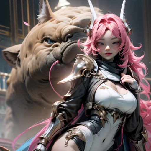 1girl, cat ears, pink hair, full plate, war hammer, ready to pounce, ready to jump, teeth, knight